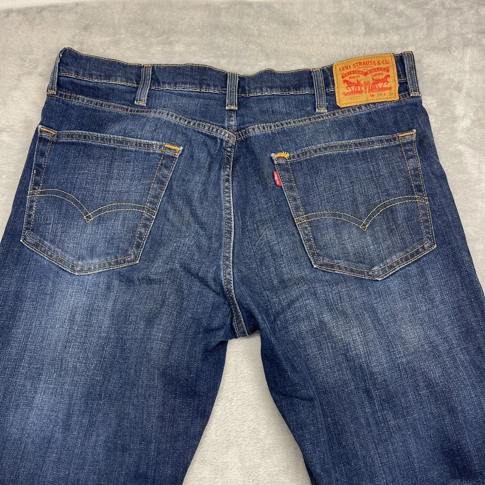 Levi's Jeans Mens 38x32 Blue Denim Faded Whiskered Stretch 527 Slim Bootcut Leg